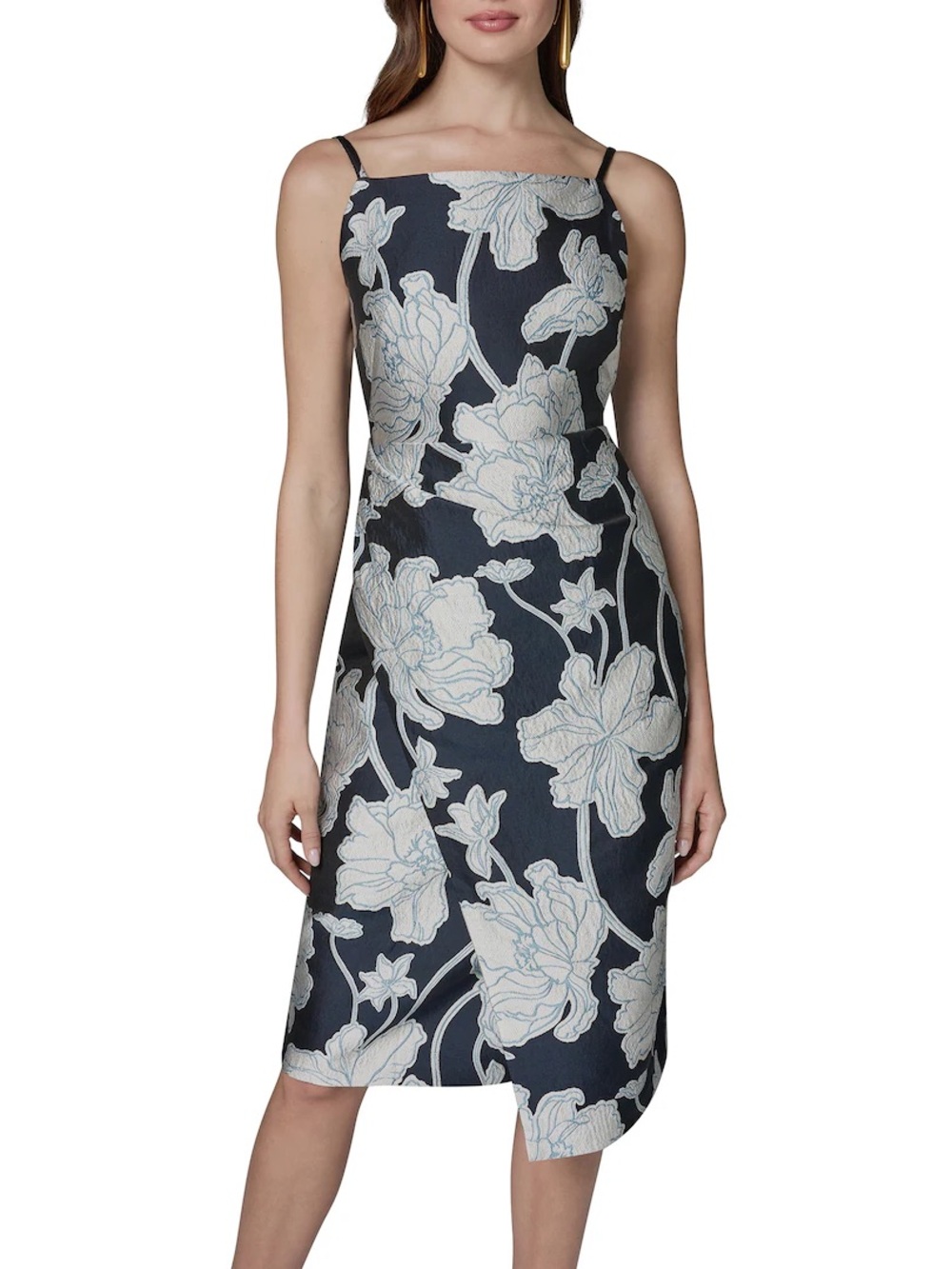 Donna Karan Navy Midi Dress with White Floral Jacquard